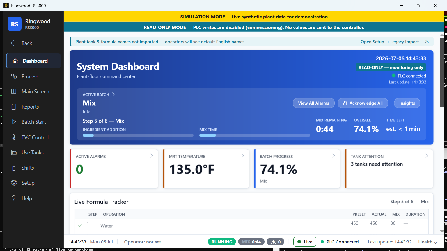 System dashboard — Ring RS3000 screen