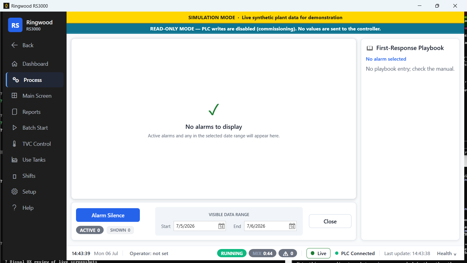 Process & alarms — Ring RS3000 screen