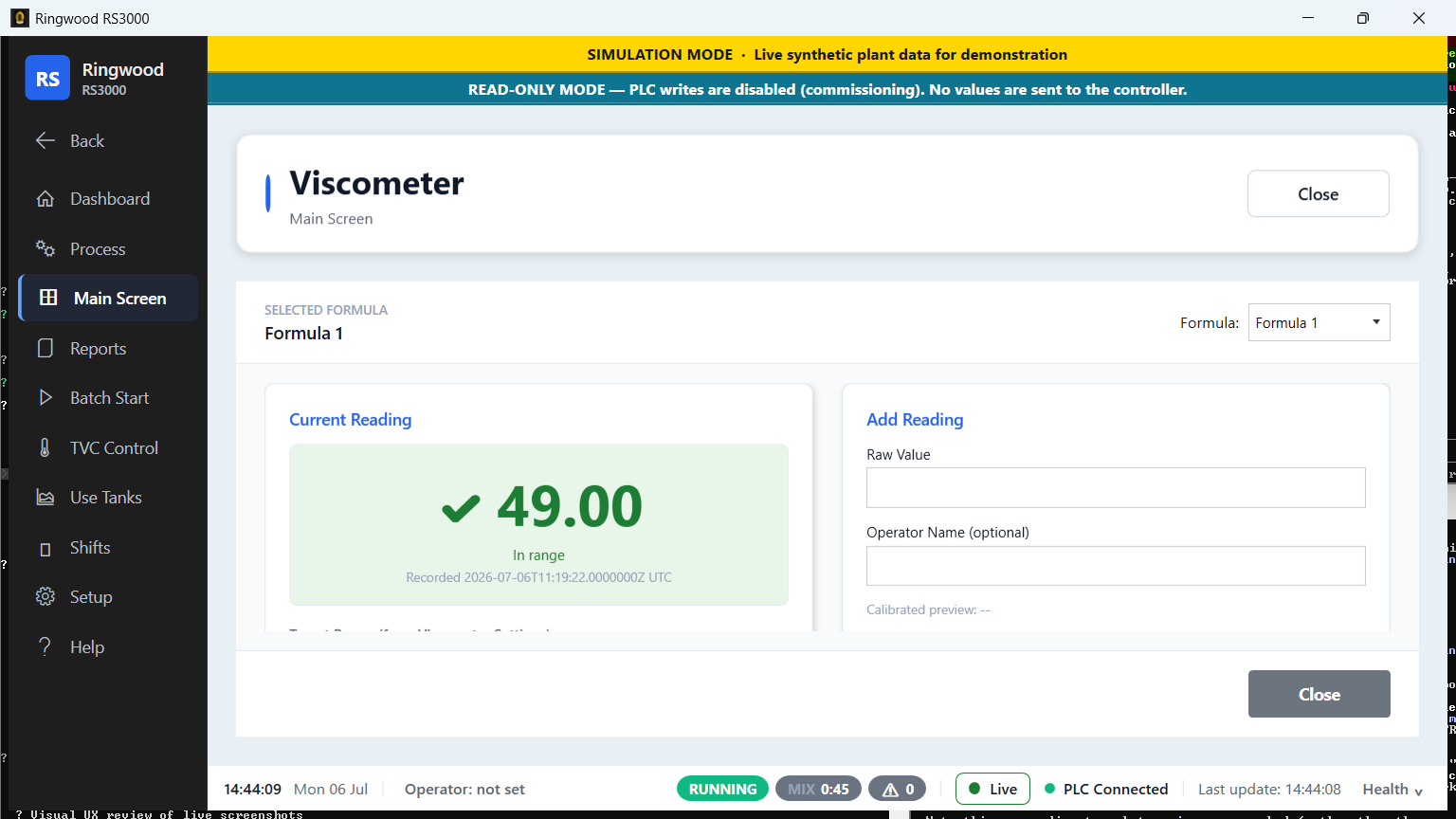 Viscometer — Ring RS3000 screen