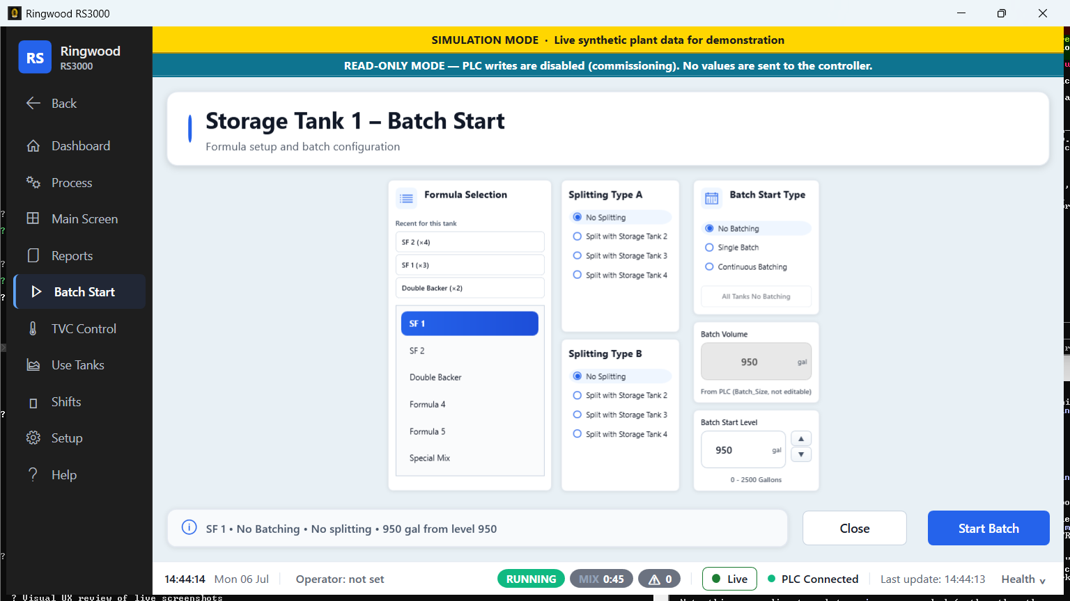Batch start — Ring RS3000 screen