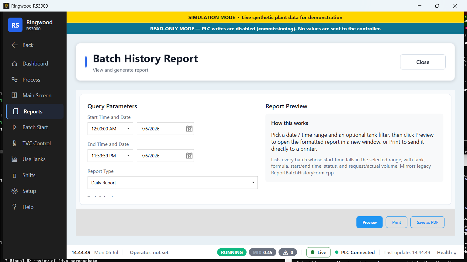Batch history report — Ring RS3000 screen