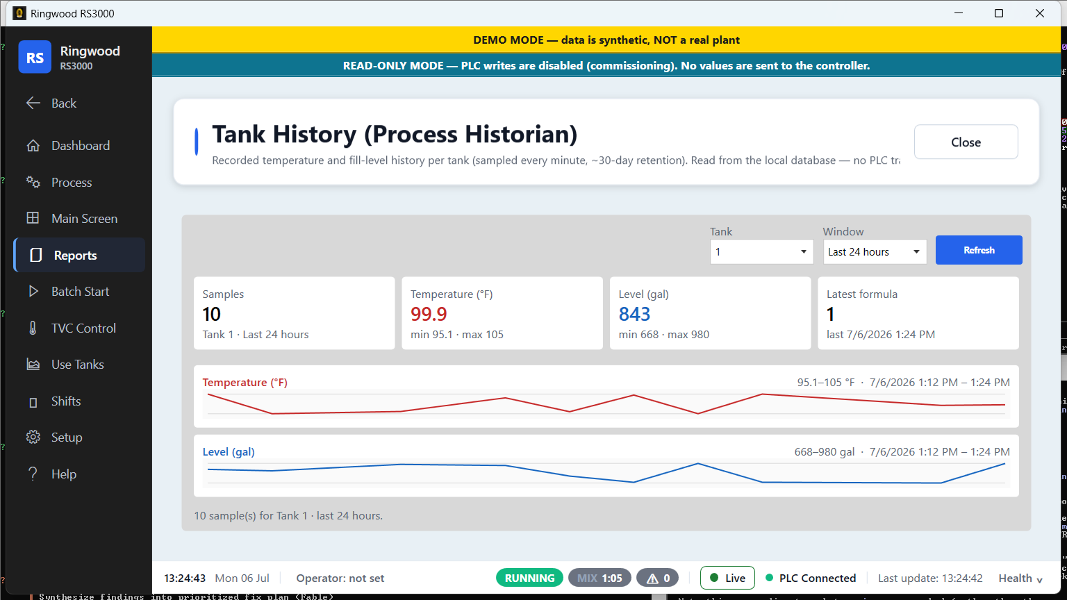 Tank history (process historian) — Ring RS3000 screen