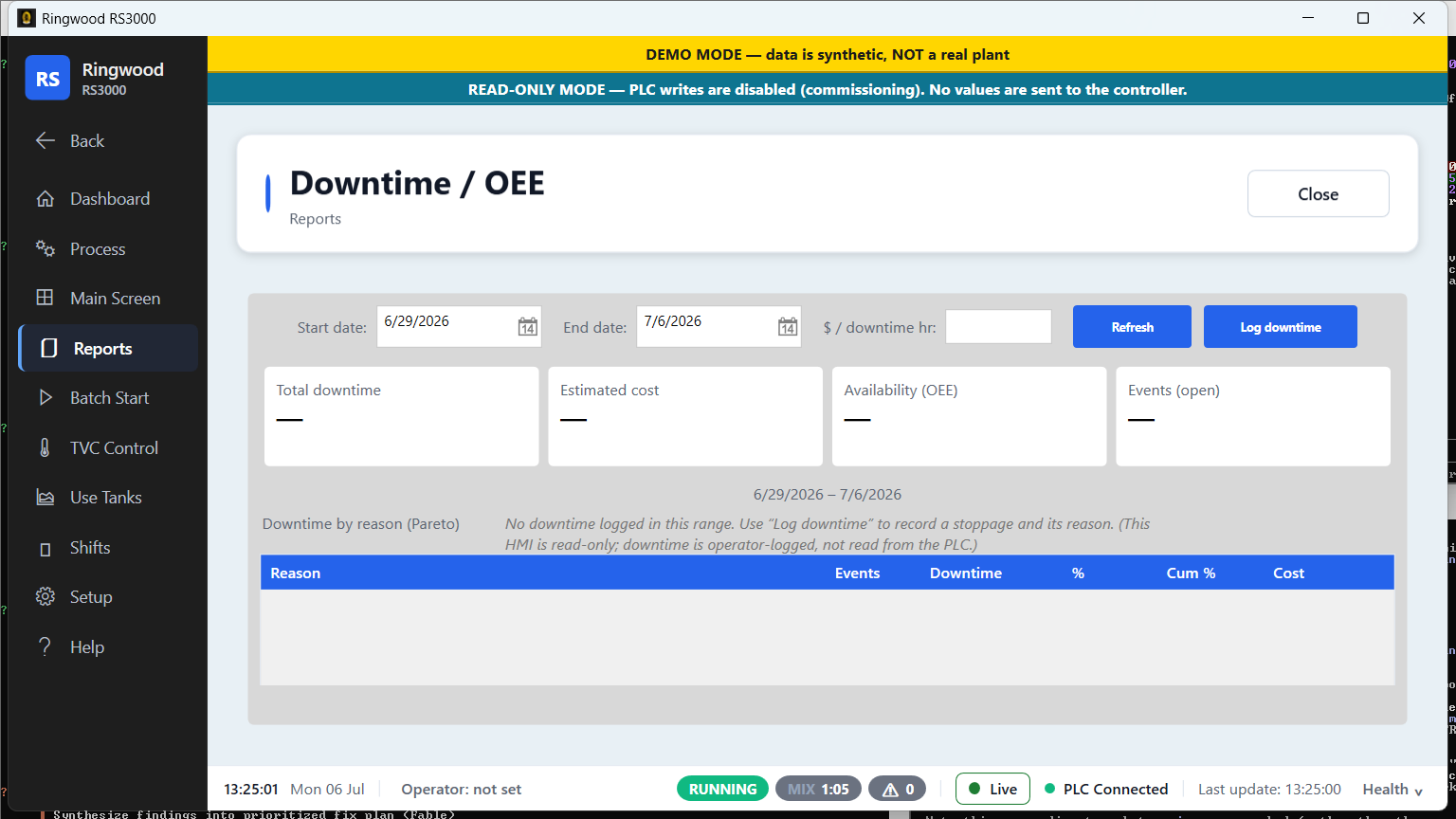 Downtime / OEE — Ring RS3000 screen