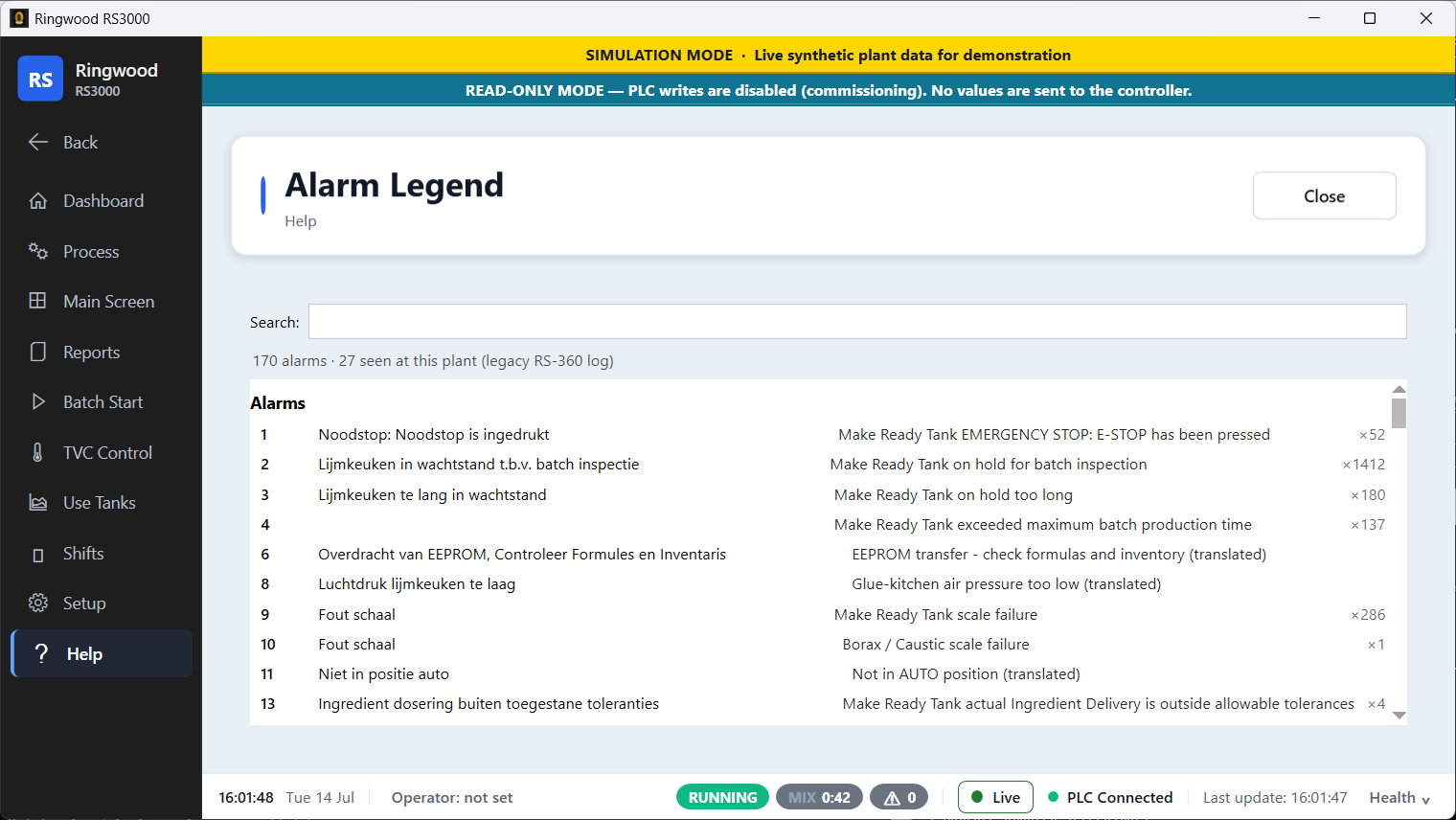 Alarm legend — Ring screen showing Dutch and English alarm text side by side