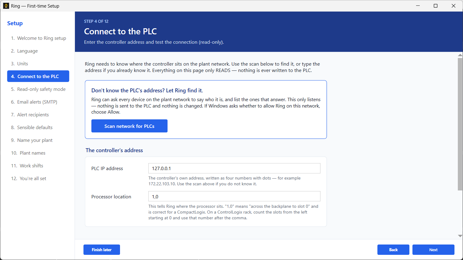 The Connect to the PLC wizard page, showing the network scan, address fields, and Test connection button