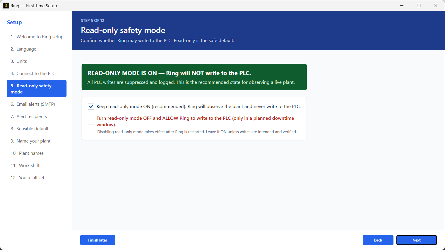 The Read-only safety mode wizard page, showing the green READ-ONLY MODE IS ON banner and the two mutually-exclusive checkboxes