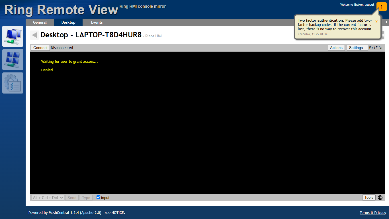 Nobody answered within 60 seconds: the session is refused and the Desktop tab shows Disconnected.